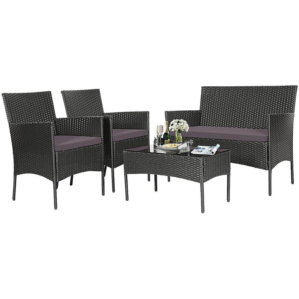 Outdoor 4-Pieces Patio Rattan Conversation Sofa Set with Cushions and Tempe