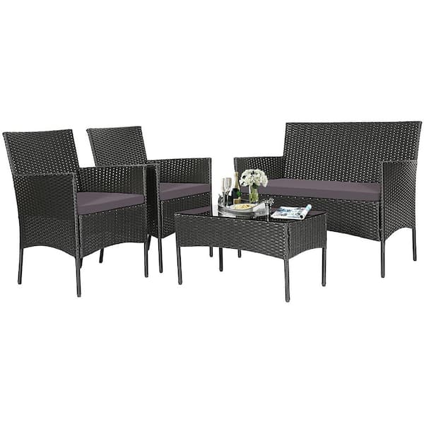 Unbranded Outdoor 4-Pieces Patio Rattan Conversation Sofa Set with Cushions and Tempered Glass Coffee Table, Gray