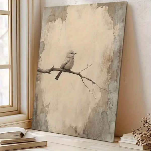 Vintage Bird on Branch Framed Canvas, 16 x 12, Beige and Brown