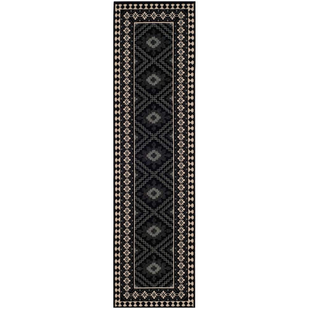 Reversible Easy-Care Black and Cream Synthetic Runner Rug, 2'3" x 12'