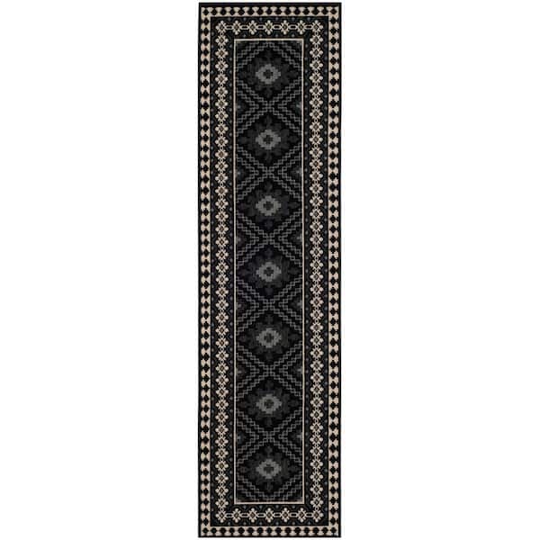Veranda Black/Cream 2 ft. x 20 ft. Runner Geometric Border Indoor/Outdoor Area Rug