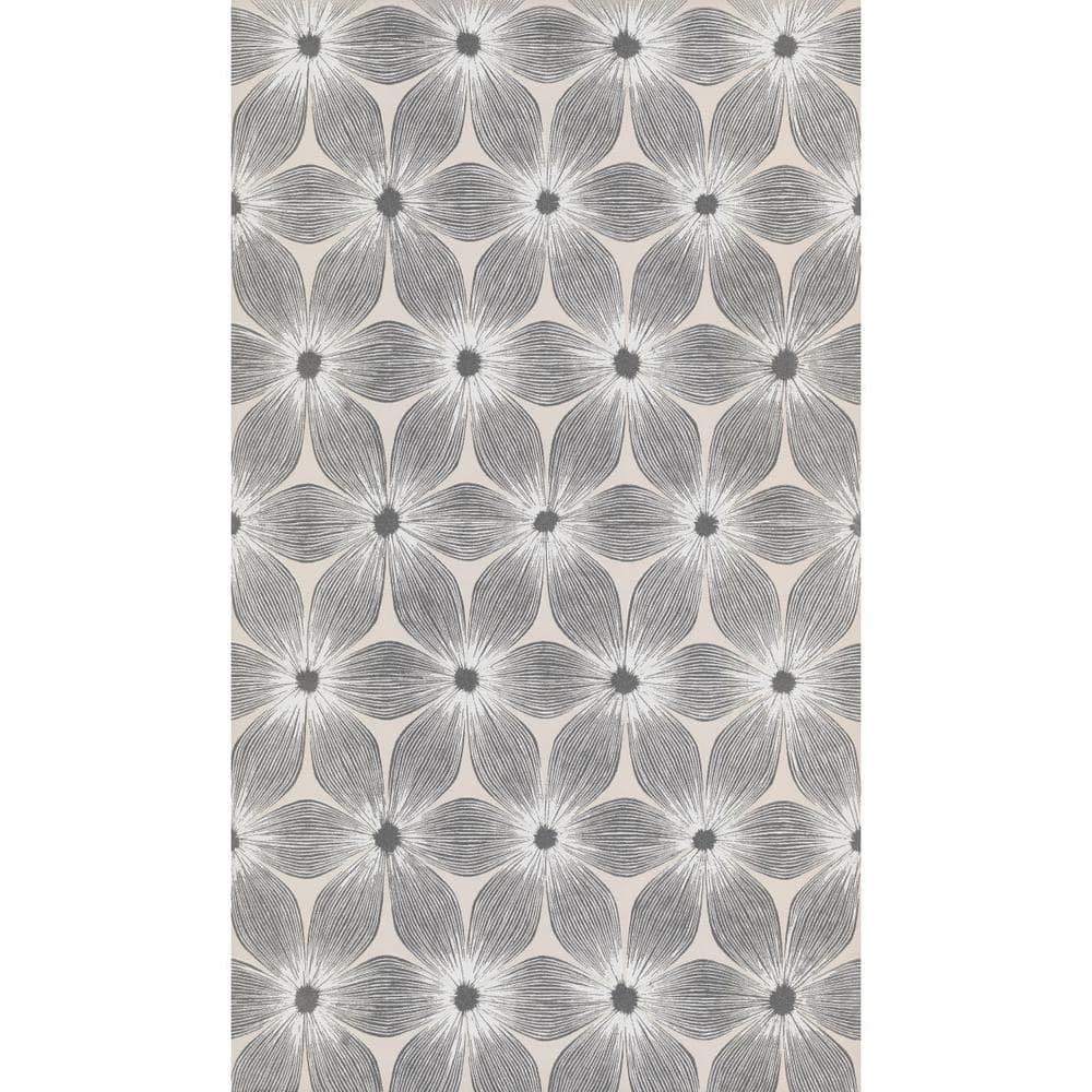 White and Silver Vinyl-Coated Floral Wallpaper