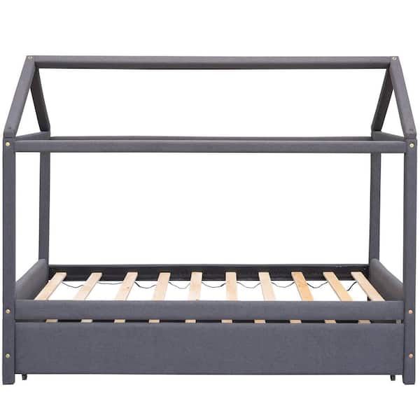 STICKON Gray Wood Frame Twin Size Upholstered House Platform Bed with Trundle