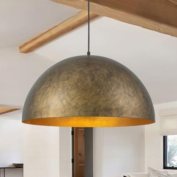 HUOKU PCover Modern Farmhouse 23.6 in. W 1-Light Dome Pendant Light Antique Brass Industrial Metal Singe Hang Lighting