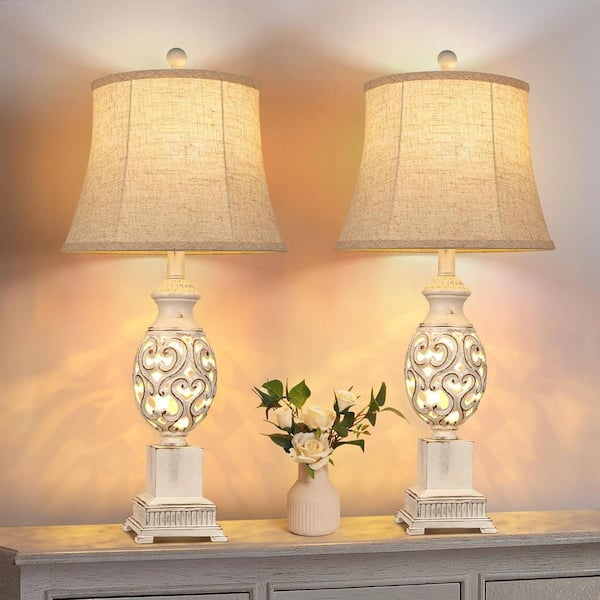 Jushua 28in.H Beige Rustic Farmhouse Nightstand Bedside Lamps w/Linen Shades Different Color Temperature Task and Reading2-Pack