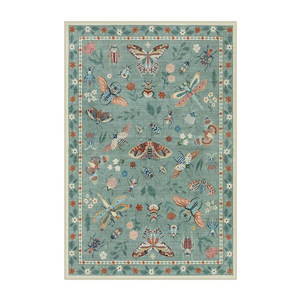 Washable Modern Insect Pattern Non Slip Bean Green 6 ft. x 9 ft. Living Room/Bedroom Indoor Area Rug