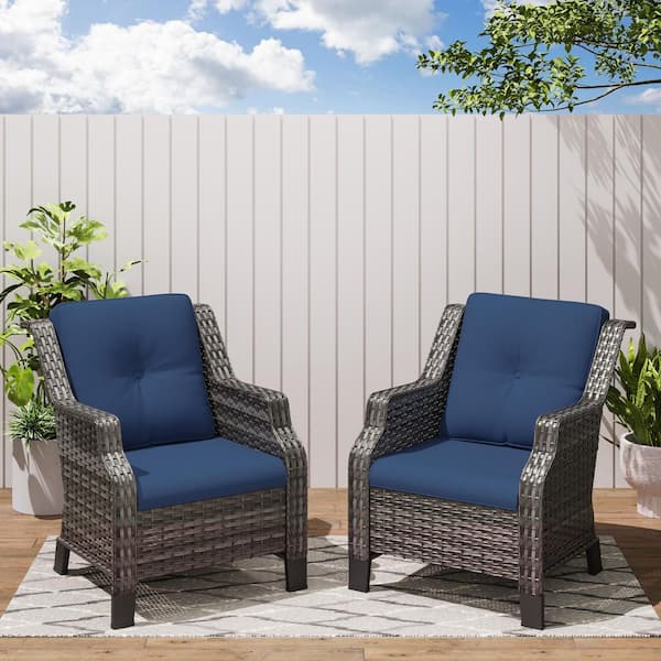 2-Piece Wicker Patio Outdoor Lounge Chair with Blue Cushions