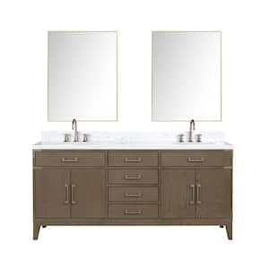 Fossa 72 in W x 22 in D Grey Oak Double Bath Vanity, Carrara Marble Top, Faucet Set, and 34 in Mirrors