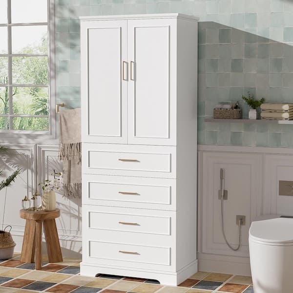 30 in. W x 16 in. D x 72 in. H White Freestanding Linen Cabinet with 3 Drawers and Adjustable Shelves