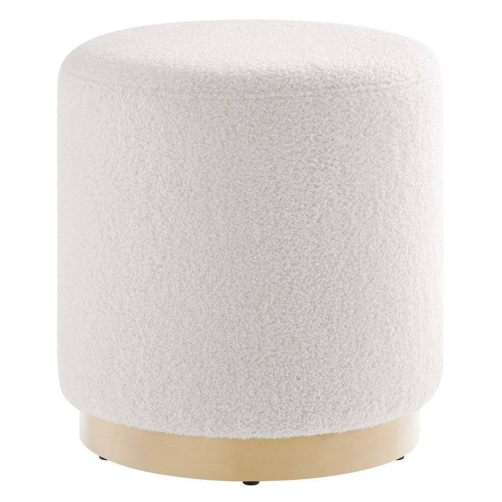 Ivory Sherpa Upholstered Round Ottoman with Rubberwood Base