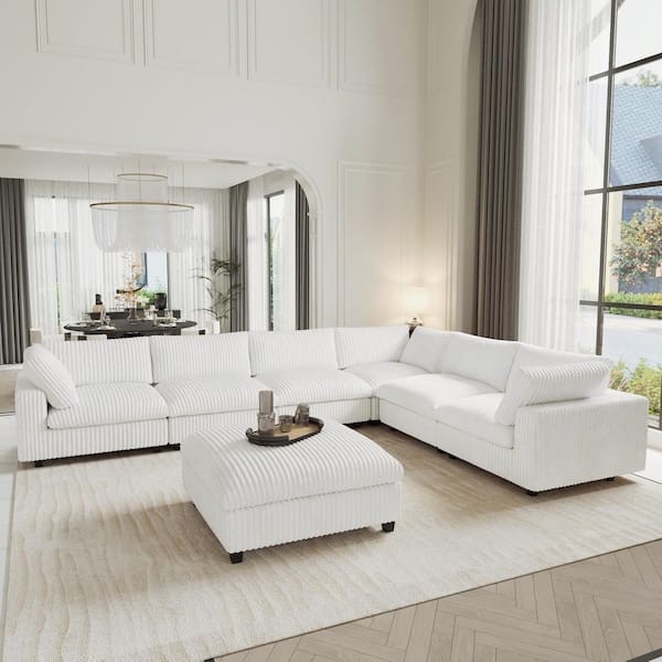 Magic Home Large 157 in. Square Arm Faux Rabbit Fur Velvet L-Shaped Modular Sofa Lawson Cloud Couch with Ottoman for Party in White