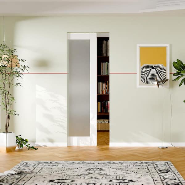 30 in. x 80 in. Full Lite, Frosted Glass, Solid Core, DIY Painted, White Primed, MDF Sliding Door with All Hardware