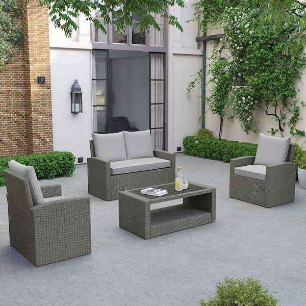 OVE Decors Lancaster Gray 4-Piece Wicker Patio Conversation Set with Gray Cushions