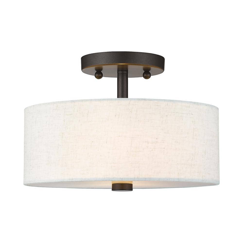 English Bronze 2-Light Semi-Flush Mount with Oatmeal Shade