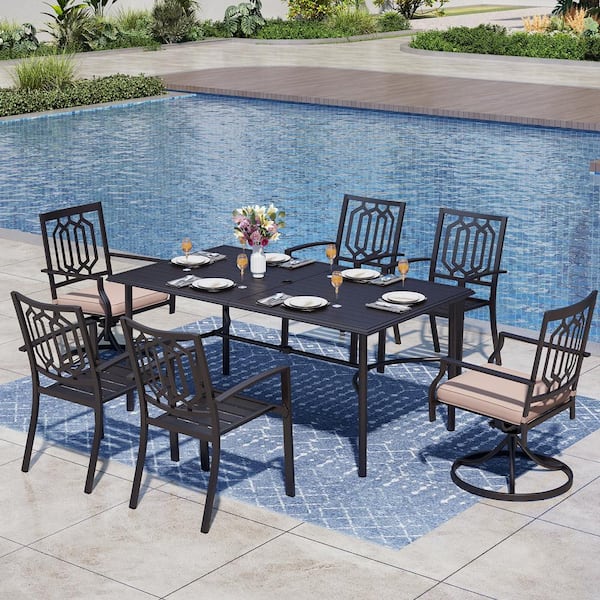 PHI VILLA Black 7-Piece Metal Patio Outdoor Dining Set with Rectangle Table and Fashion Chairs with Beige Cushion