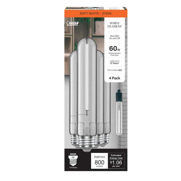 Feit Electric 60W Equivalent T10L Dimmable Straight White Filament Clear E26 Vintage Edison LED Light Bulb, Soft White 2700K (4-Pack)