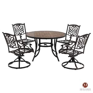 5-Piece Cast Aluminum Outdoor Dining Set with Ceramic Tile Top Table & Swivel Chairs with Beige Cushions