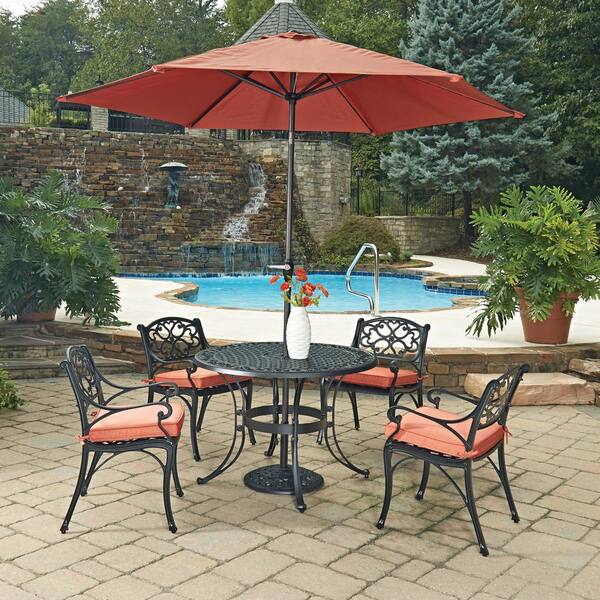 HOMESTYLES Biscayne Black 7-Piece Cast Aluminum Outdoor Dining Set with Coral Cushions