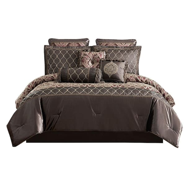 Benjara 10-Piece Brown Geometric Microfiber King Comforter Set