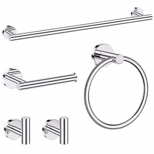 5-Piece Polished Chrome Stainless Steel Bathroom Hardware Set, 24 In Towel Bar, Round Toilet Paper Holder, Wall Mounted