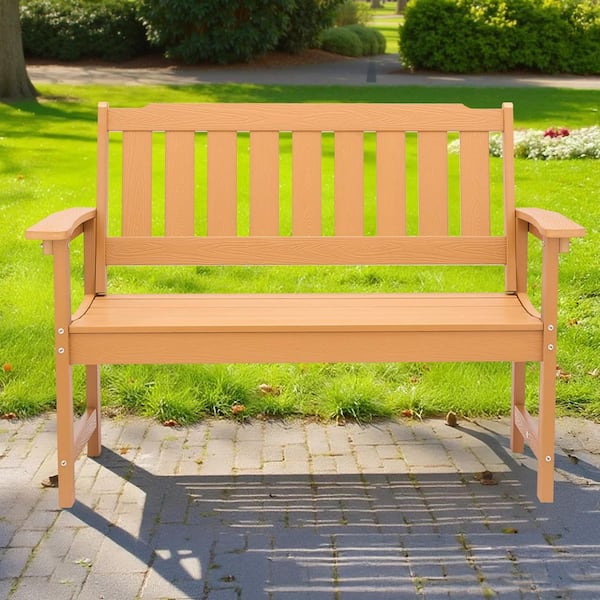 50.5 in. 2-3 Person Medium Brown Wood Plastic Outdoor Bench with Backrest, Armrests, 800 lbs. Capacity, Weatherproof
