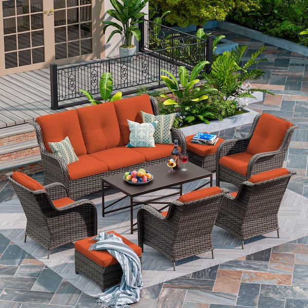 MeetLeisure 8-Piece Patio Conversation Sofa Set Furniture Sectional Seating Set with Orange Cushion and Coffee Table