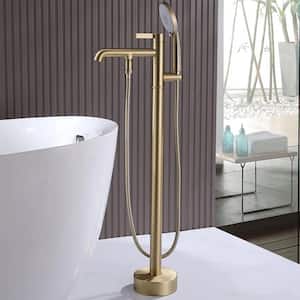 Single Handle Floor Mount Freestanding Tub Faucet with 3-Setting Hand Shower in Brushed Gold