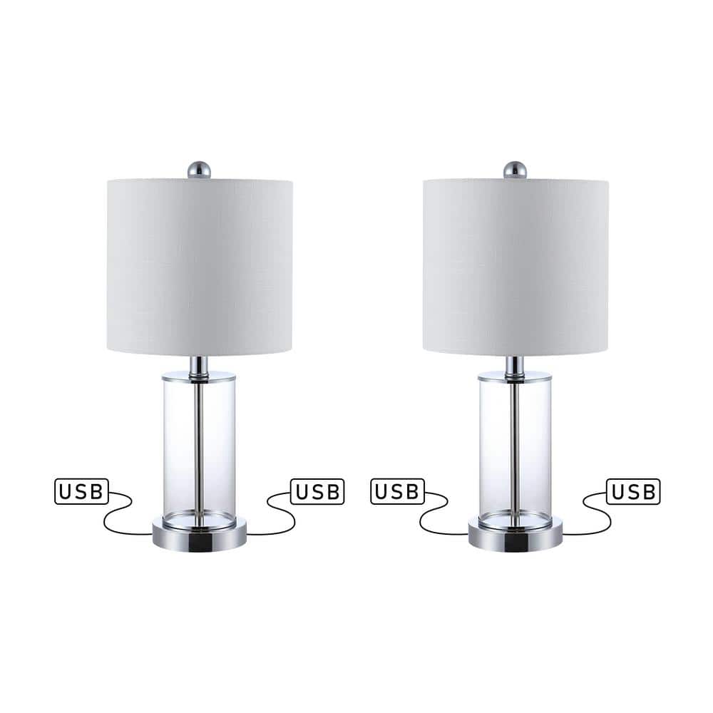 Abner 21" Chrome and Clear Glass USB Table Lamp Set