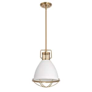 Kent 1-Light Matte White and Brushed Gold Pendant Light with Oversized Caged Metal Shade, No Bulbs Included