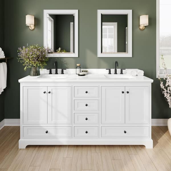 Wyndham Collection Deborah 72 in. W x 22 in. D x 35 in. H Double Bath Vanity in White with White Quartz Top and 70 in. Mirror