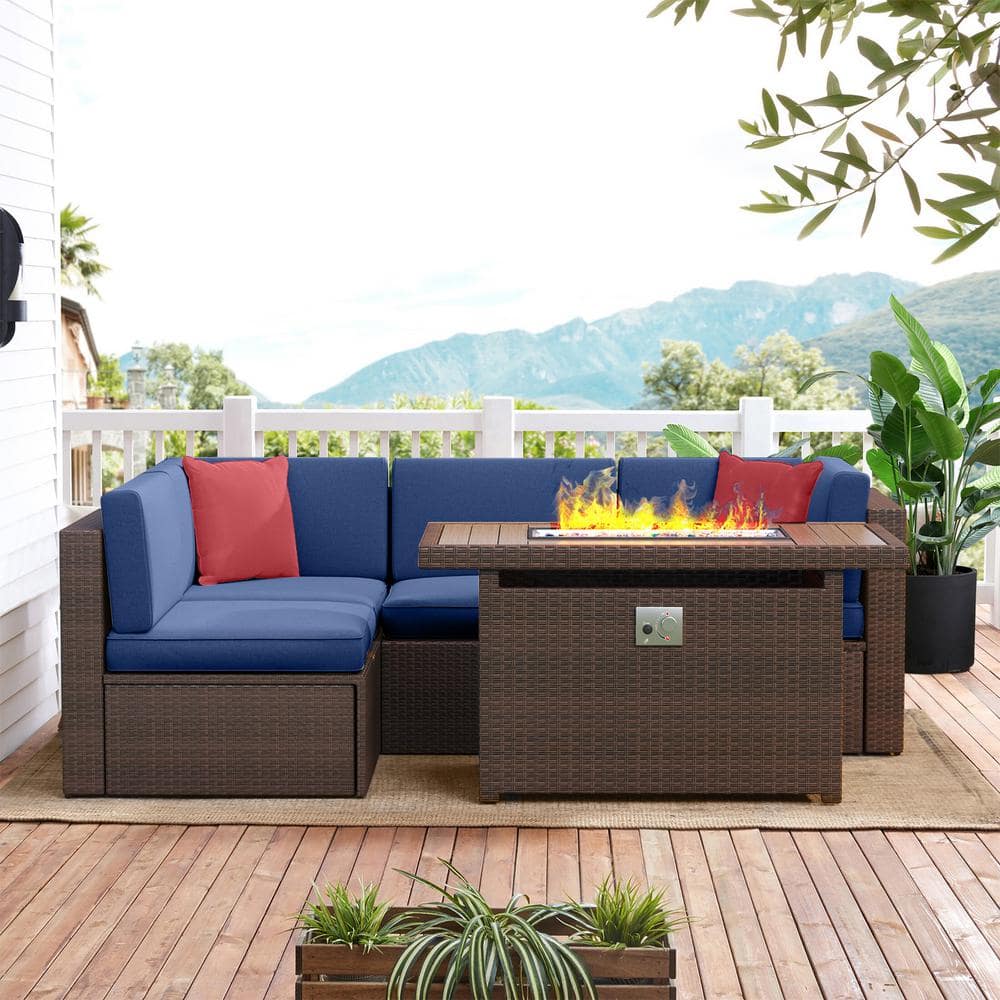 Brown Wicker 5-Piece Patio Set with Blue Cushions and Fire Pit