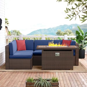 5-Piece Fire Pit Patio Sets Wicker Patio Conversation Set With Fire Pit Table Blue Cushions