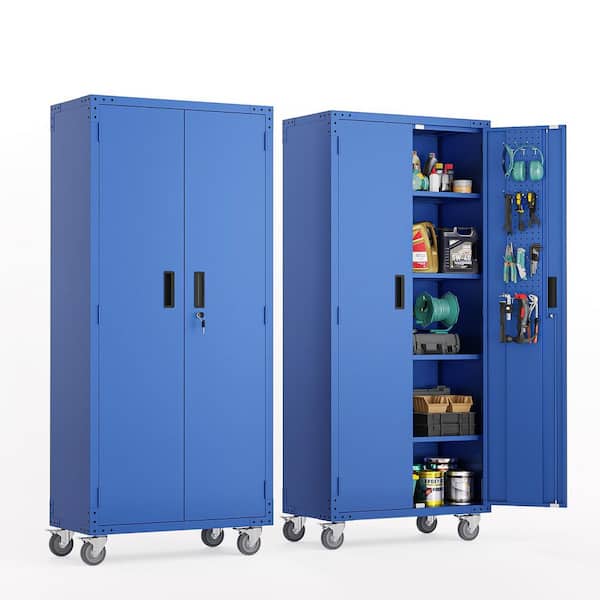 Karl home 31.5 in. W x 72 in. H x 16.5 in. D Metal Garage Freestanding Cabinet in Blue with Wheels, Locking Doors, Pegboards