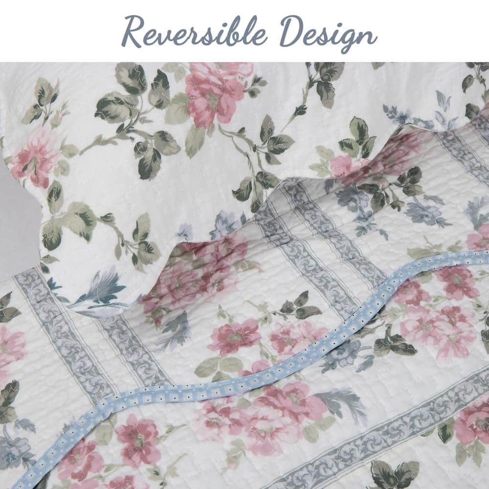 Blue Floral Cotton Reversible King Quilt Set