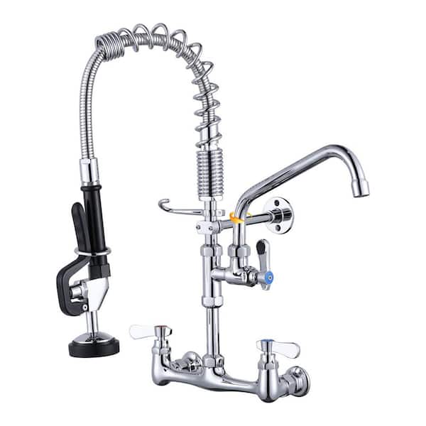 21 in Wall mounted faucet Triple Handle Pull Down Sprayer 360 Degree Spout Swivel Kitchen Faucet in Polished Chrome