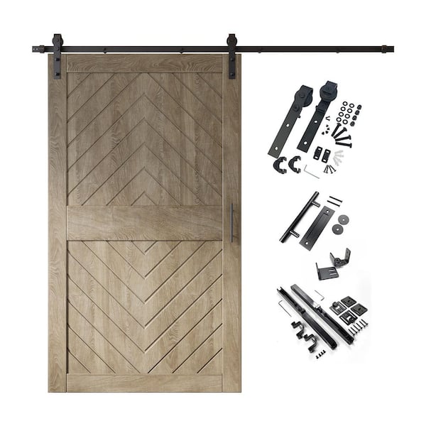 JT2 50 in. x 84 in. C-Panel Classic Gray Fishbone Design Solid Pine Wood Sliding Barn Door with Hardware Kit