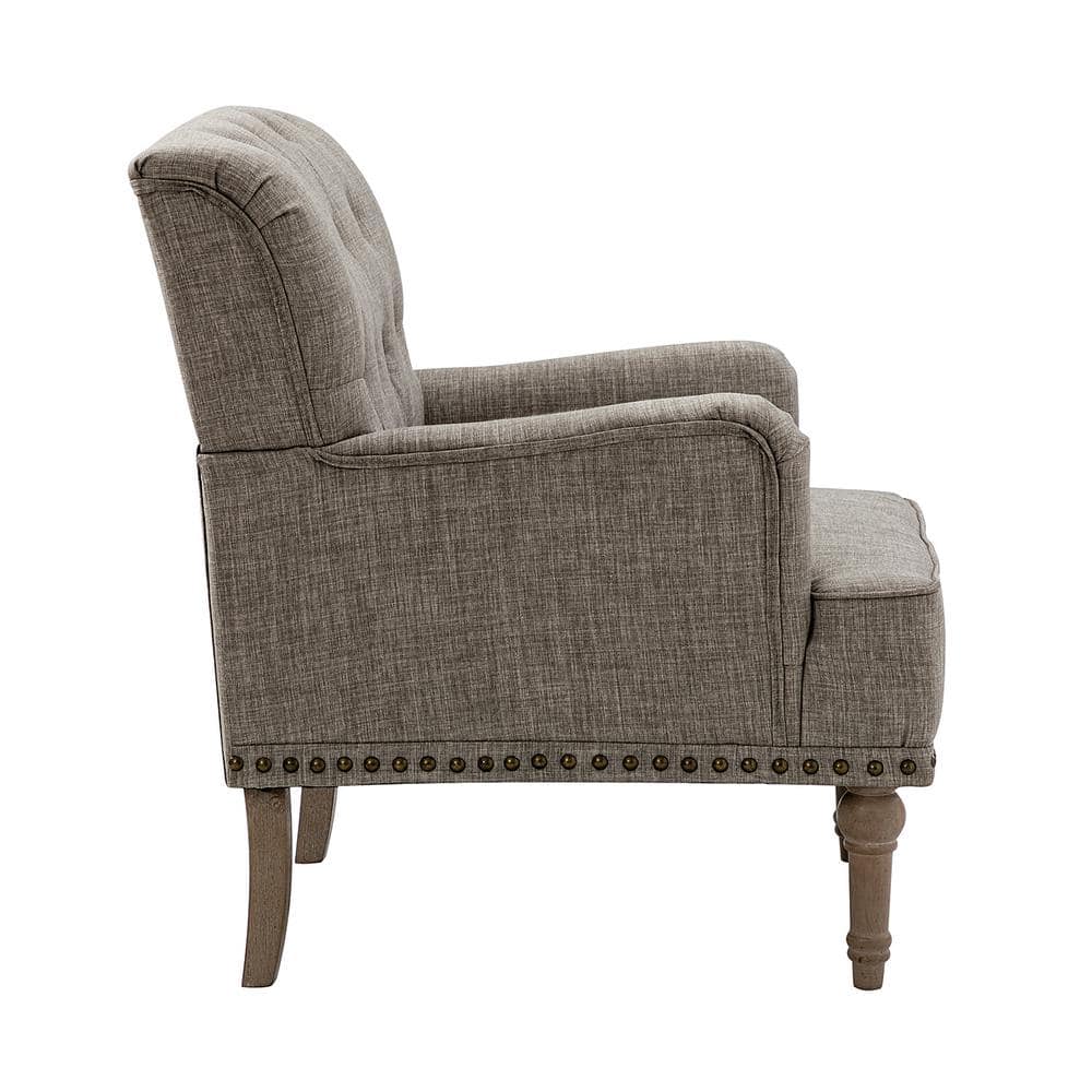 Gray Tufted Polyester Accent Chair with Nailhead Trim and Wooden Legs