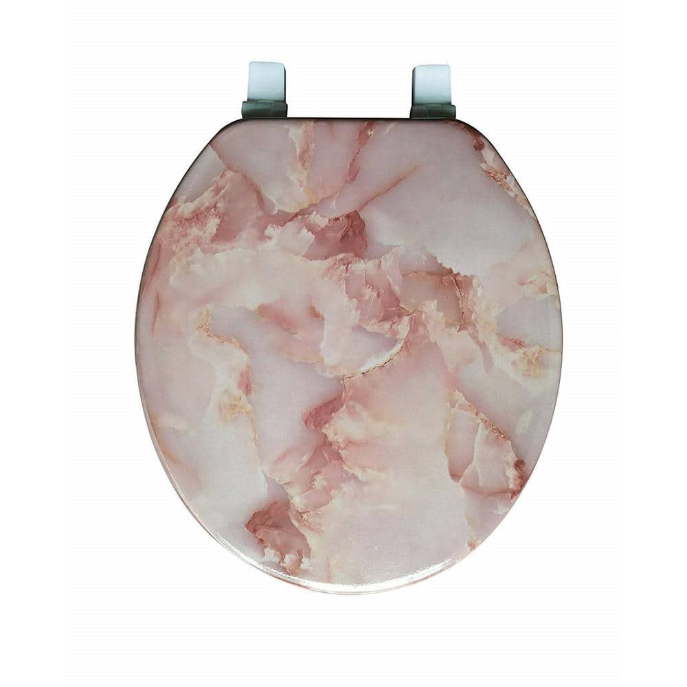 Pink Marble Print Round Wooden Toilet Seat with Metal Hinges