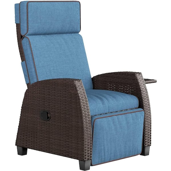 Unbranded Wicker patio Indoor and Outdoor Moor Lay Flat Recliner Lounge Chair with Flip Table Push Back and Blue Cushions