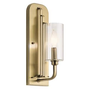 Kimrose 1-Light Brushed Natural Brass Hallway Indoor Wall Sconce Light with Clear Fluted Glass