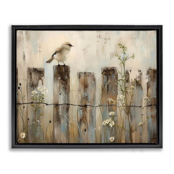 Fence Perched Country Bird by Arlington Prints Black Floater Frame Animal Graphic Art Print 25 in. x 31 in.