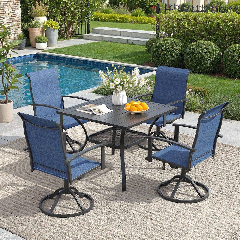 5-Piece Metal Outdoor Dining Set with 37.8 in. Black Square Dining Table and 4 Blue Textilene Swivel Patio Chairs price history on PriceWatchPro