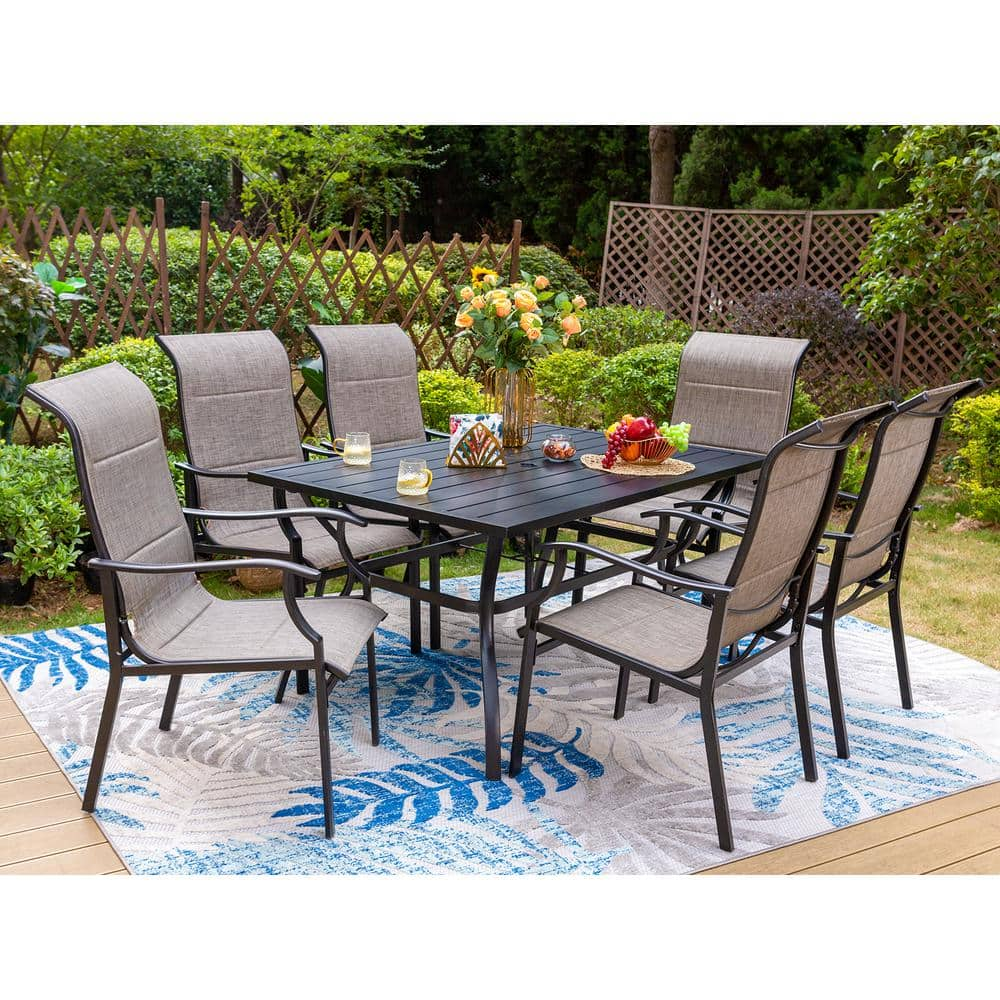 PHI VILLA Black 7-Piece Metal Slat Rectangle Table Outdoor Patio Dining ...