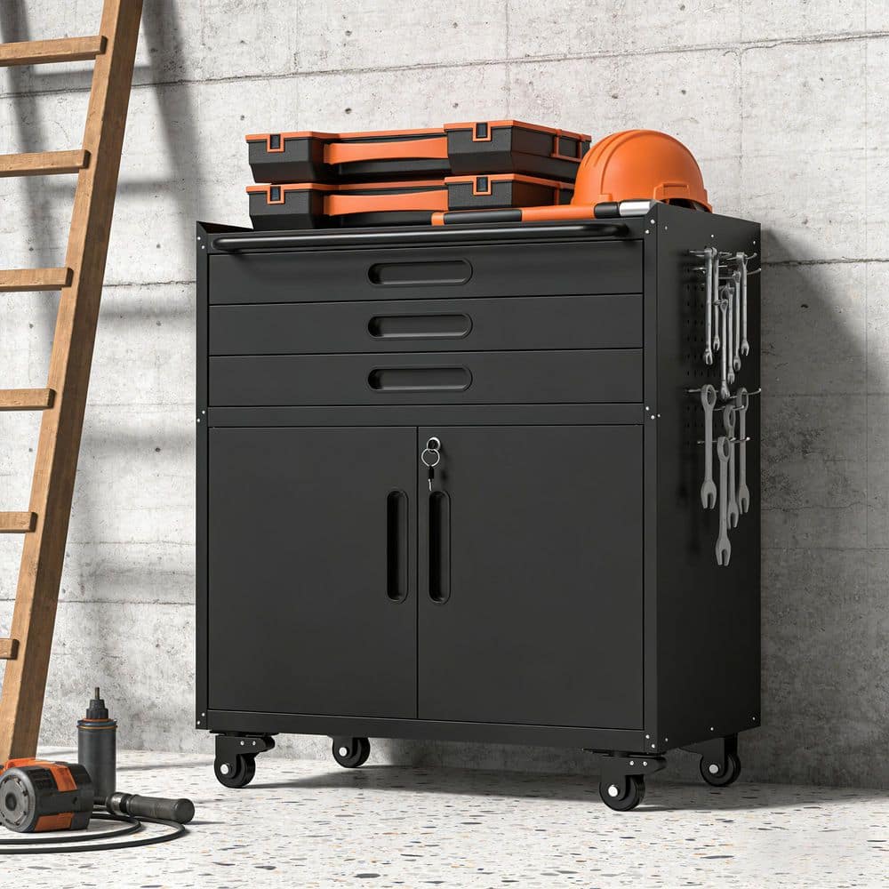 Black 34.4 in. H Metal Storage Cabinet, Rolling Tool Cabinet with Locking Doors for Garage, Workshop, Home price history on PriceWatchPro