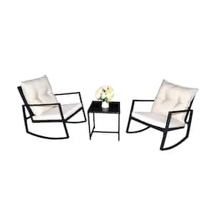 3-Piece Wicker Cast Icon Frame Rectangle Glass Coffee Table Outdoor Bistro Set with White Cushion
