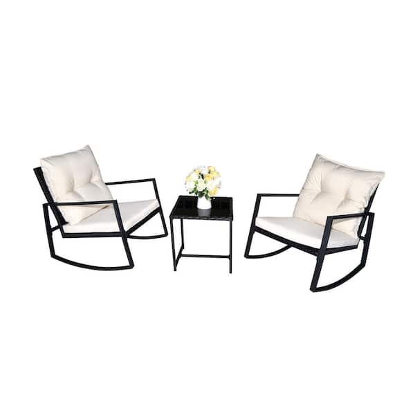 KOZYARD 3-Piece Wicker Cast Icon Frame Rectangle Glass Coffee Table Outdoor Bistro Set with White Cushion