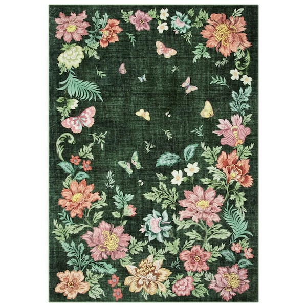 Dark Green 9 X 12 ft. Floral Washable Low Pile Area Rug, Non-Slip Stain Resistant Carpet for Indoor, Living Room,Bedroom