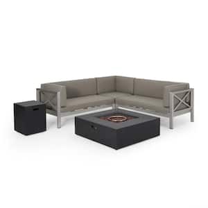 La Vista Silver 5-Piece Aluminum Patio FIre Pit Sectional Seating Set with Khaki Cushions