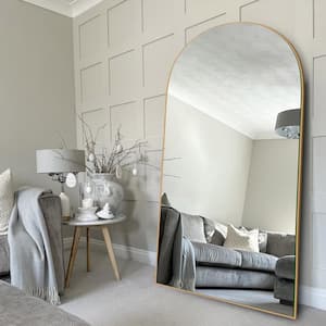 32 in. W x 71.1 in. H Modern Classic Arched Gold Wood Oversized Full Length Floor Mirror