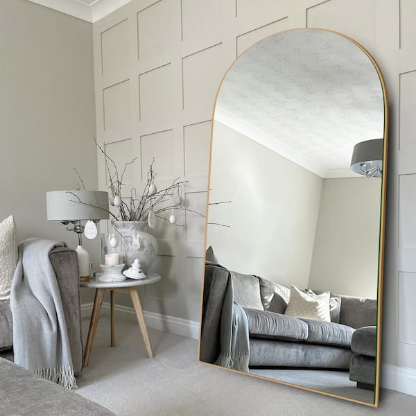 Sxiawe 32 in. W x 71.1 in. H Modern Classic Arched Gold Wood Oversized Full Length Floor Mirror